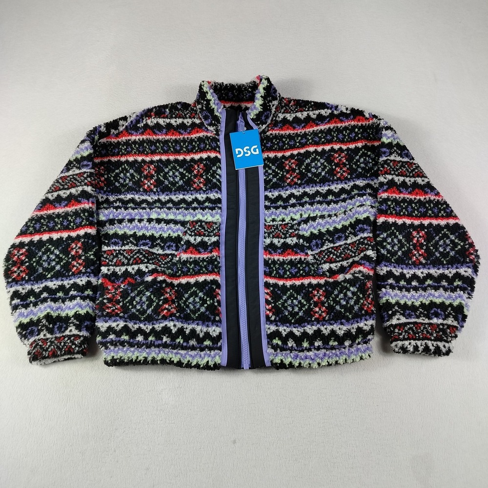 DSG Cozy Fleece Full Zip Jacket Girls‎ Medium Funky Fair Isle Pattern Purple Red